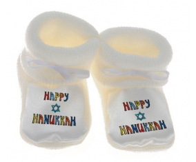 Chausson Judaísmo del Bebé: Feliz diseño hanukkah-2 blanco