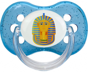 El símbolo de máscara dorada faraón de Tutankamón sucete lentejuelas de cereza azul