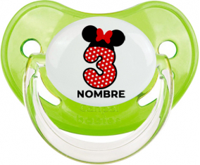 Disney Minnie Número 3 blanco rojo lunar salpica mariposa roja con nombre: Chupete fisiológica