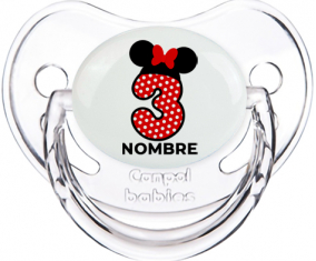 Disney Minnie Número 3 blanco rojo lunar salpica mariposa roja con nombre: Chupete fisiológica