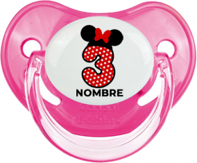 Disney Minnie Número 3 blanco rojo lunar salpica mariposa roja con nombre: Chupete fisiológica