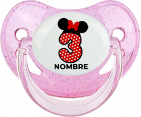 Disney Minnie Número 3 blanco rojo lunar salpica mariposa roja con nombre: Chupete fisiológica