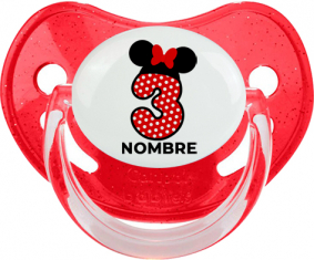 Disney Minnie Número 3 blanco rojo lunar salpica mariposa roja con nombre: Chupete fisiológica