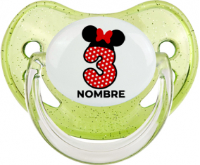 Disney Minnie Número 3 blanco rojo lunar salpica mariposa roja con nombre: Chupete fisiológica