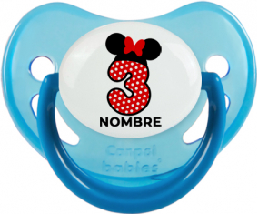 Disney Minnie Número 3 blanco rojo lunar salpica mariposa roja con nombre: Chupete fisiológica