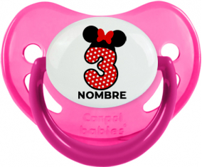 Disney Minnie Número 3 blanco rojo lunar salpica mariposa roja con nombre: Chupete fisiológica