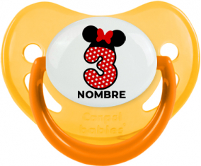 Disney Minnie Número 3 blanco rojo lunar salpica mariposa roja con nombre: Chupete fisiológica