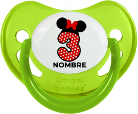 Disney Minnie Número 3 blanco rojo lunar salpica mariposa roja con nombre: Chupete fisiológica