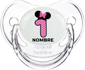 Disney Minnie Número 1 rosa polka puntos mariposa rosa con nombre: Chupete Fisiológica