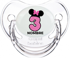 Disney Minnie Número 3 rosa rosa polka puntos mariposa rosa con nombre: Chupete Fisiológica