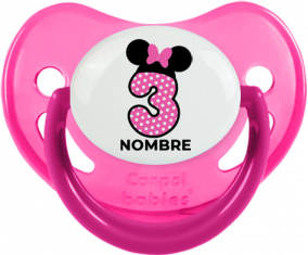 Disney Minnie Número 3 rosa rosa polka puntos mariposa rosa con nombre: Chupete Fisiológica