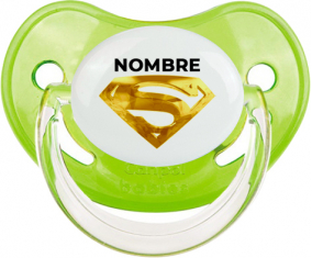 Logotipo de Superman dorado con nombre: Chupete fisiológica