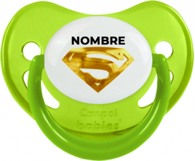 Logotipo de Superman dorado con nombre: Chupete fisiológica