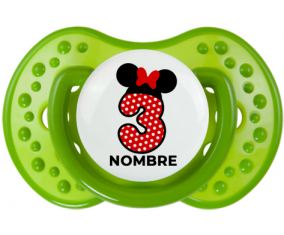 Disney Minnie Número 3 blanco rojo lunar salpica mariposa roja con nombre: Chupete lovi dynamic personnalisée