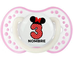 Disney Minnie Número 3 blanco rojo lunar salpica mariposa roja con nombre: Chupete lovi dynamic