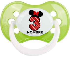 Disney Minnie Número 3 blanco rojo lunar salpica mariposa roja con nombre: Chupete anatómica