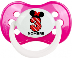 Disney Minnie Número 3 blanco rojo lunar salpica mariposa roja con nombre: Chupete anatómica