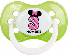 Disney Minnie Número 3 rosa rosa polka puntos mariposa rosa con nombre: Chupete anatómica