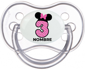 Disney Minnie Número 3 rosa rosa polka puntos mariposa rosa con nombre: Chupete anatómica