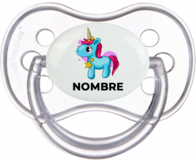 Unicornio azul rosa con nombre: Chupete anatómica