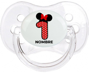 Disney Minnie Número 1 blanco rojo lunar salpica mariposa roja con nombre: Chupete Cereza