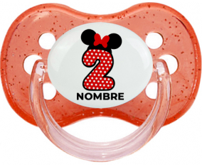 Disney Minnie Número 2 blanco rojo lunar salpica mariposa roja con nombre: Chupete Cereza