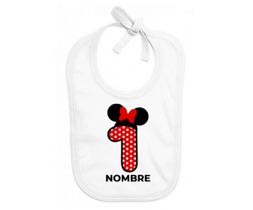 Disney Minnie Número 1 blanco rojo lunar salpica mariposa roja con nombre: Babero para bebé