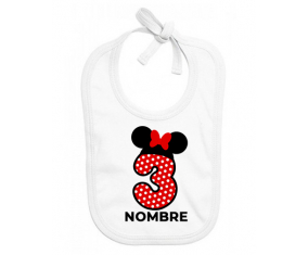 Disney Minnie Número 3 blanco rojo lunar salpica mariposa roja con nombre: Babero para bebé