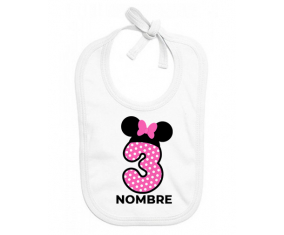 Disney Minnie Número 3 rosa rosa polka puntos mariposa rosa con nombre: Babero para bebé