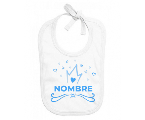 Diseño de corazón de corona azul-1 con nombre: Babero para bebé