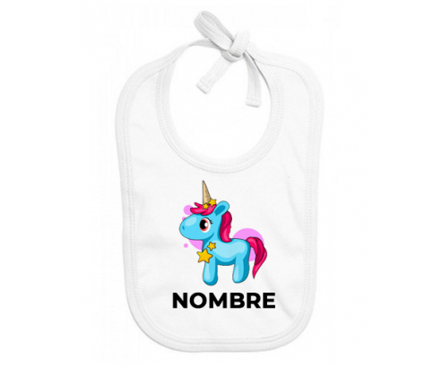 Unicornio azul rosa con nombre: Babero para bebé