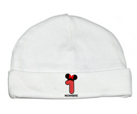 Disney Minnie Número 1 blanco rojo lunar salpica mariposa roja con nombre: Gorro para Bebé