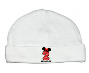 Disney Minnie Número 2 blanco rojo lunar salpica mariposa roja con nombre: Gorro para Bebé