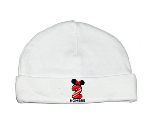 Disney Minnie Número 2 blanco rojo lunar salpica mariposa roja con nombre: Gorro para Bebé