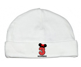 Disney Minnie Número 3 blanco rojo lunar salpica mariposa roja con nombre: Gorro para Bebé