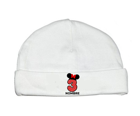 Disney Minnie Número 3 blanco rojo lunar salpica mariposa roja con nombre: Gorro para Bebé