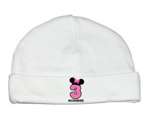 Disney Minnie Número 3 rosa rosa polka puntos mariposa rosa con nombre: Gorro para Bebé